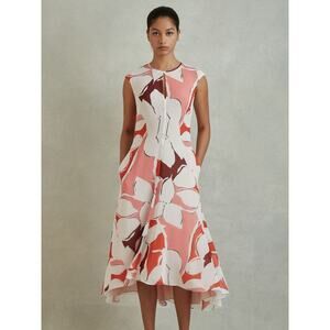 NWT Reiss Becci Printed Sleeveless Open Back Midi Dress in Red Sz 4